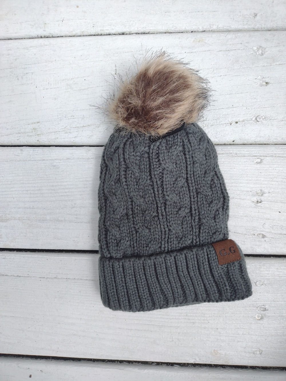 Gray Knit Womens Pom Puff Hat